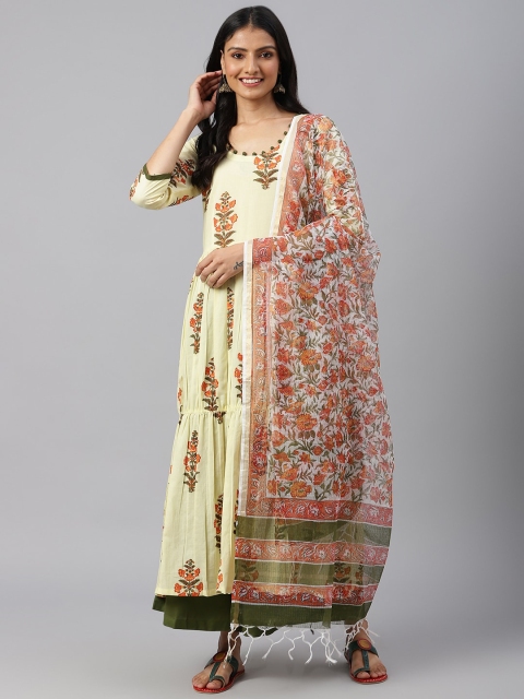 

SHRINKHLA Women Cream-Coloured Floral Printed Tiered Pure Cotton Kurta with Palazzos & With Dupatta