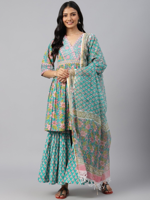 

SHRINKHLA Women Green Floral Printed Pure Cotton Kurta with Sharara & With Dupatta