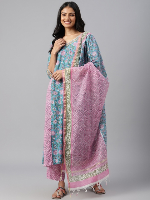 

SHRINKHLA Women Blue Floral Printed Pure Cotton Kurta with Trousers & With Dupatta