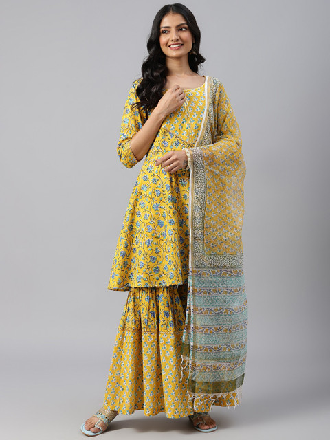 

SHRINKHLA Women Yellow Floral Printed Pleated Pure Cotton Kurta with Sharara & With Dupatta