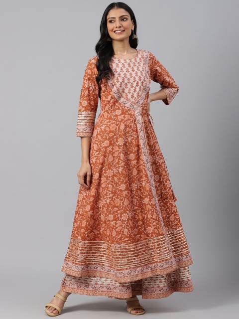 

SHRINKHLA Women Rust Floral Printed Layered Pure Cotton Kurta with Palazzos