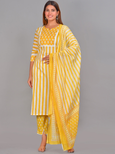 

Senyora Women Yellow Printed & Striped Pure Cotton Kurta with Trousers & With Dupatta