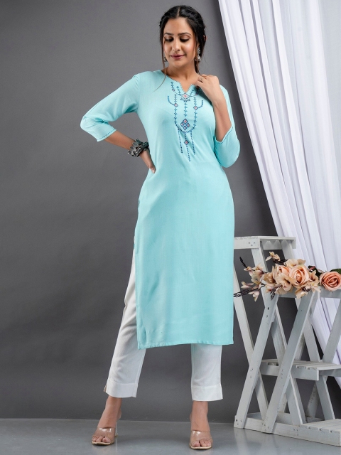 

fabGLOBAL Women Blue Embroidered Yoke Straight Kurta