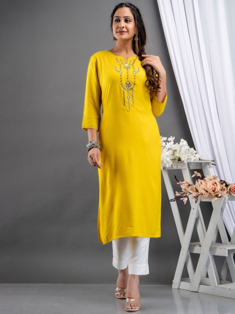 

fabGLOBAL Women Yellow Geometric Yoke Design Kurta