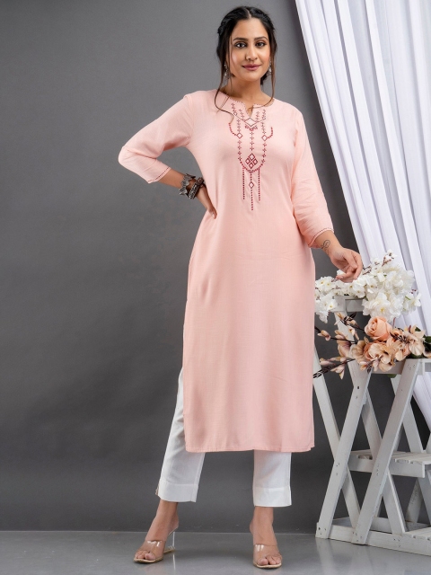 

fabGLOBAL Women Peach-Coloured Thread Work Kurta