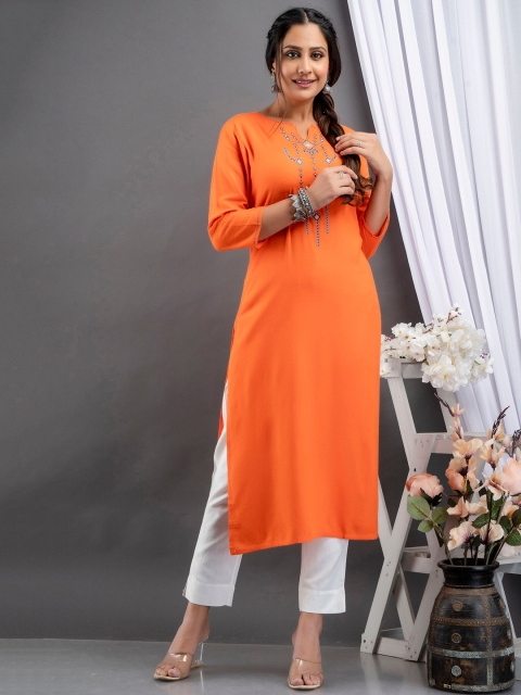 

fabGLOBAL Women Orange Thread Work Kurta