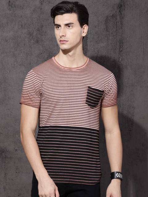 

Roadster Men Rust Brown & Black Striped Round Neck T-shirt
