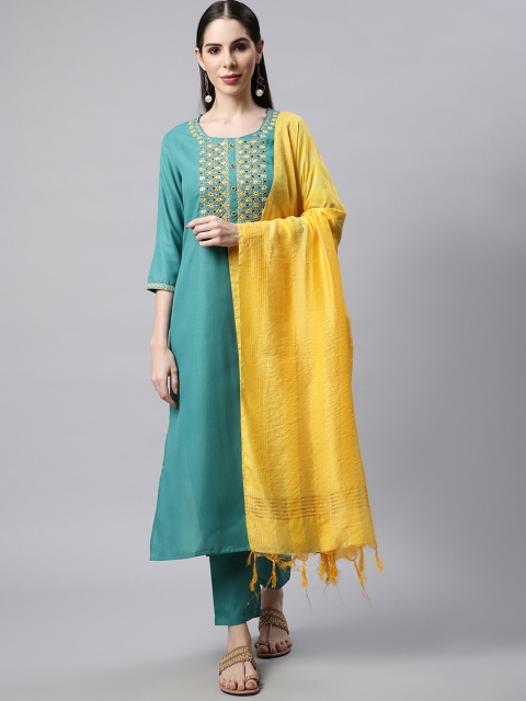 

Sringam Women Green Embroidered Thread Work Kurta with Trouser & With Dupatta
