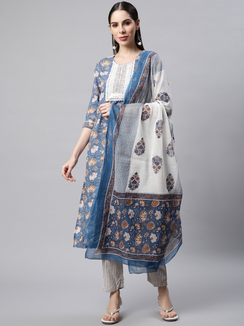 

Sringam Women Blue Floral Printed Pure Cotton Kurta with Trouses & Dupatta