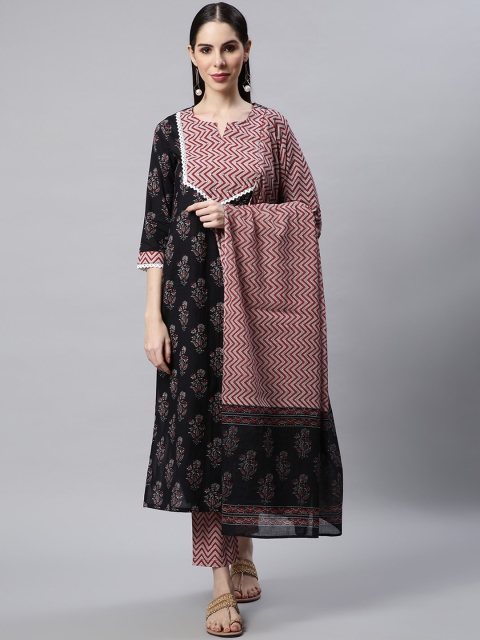 

Sringam Women Black Printed Patchwork Pure Cotton Kurta with Trousers & With Dupatta