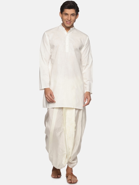 

Sethukrishna Men Cream Solid Pure Cotton Kurta with Dhoti Pants