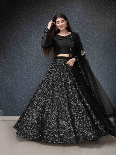 

JSItaliya Sequinned Velvet Semi-Stitched Lehenga & Unstitched Blouse With Dupatta, Black