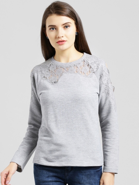 

Be Indi Women Pure Cotton Solid Lace Detail Flat Knit Top, Grey melange