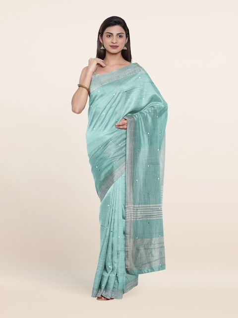 

Pothys Embellished Mirror Work Pure Linen Saree, Blue