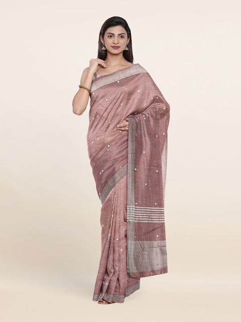 

Pothys Embellished Mirror Work Pure Linen Saree, Mauve