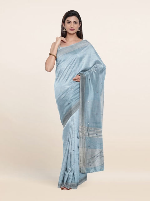 

Pothys Embellished Mirror Work Pure Linen Saree, Blue