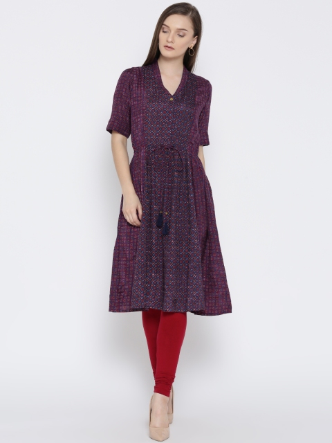 

ARAH Women Navy & Red Printed A-Line Kurta, Navy blue