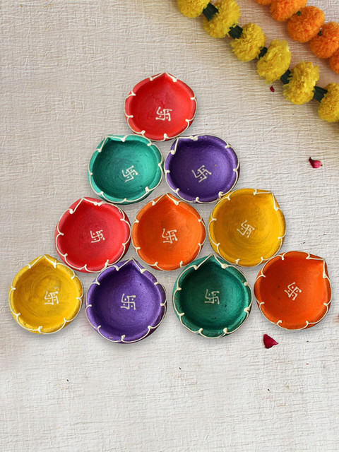 

TIED RIBBONS Set Of 10 Printed Diyas, Purple