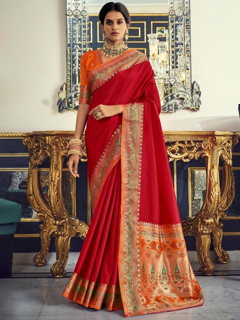 

elora Red & Green Woven Design Zari Silk Blend Paithani Saree
