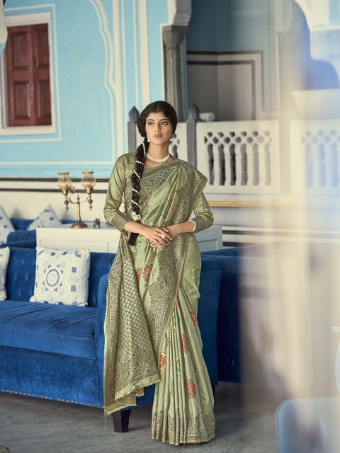 

elora Floral Woven Design Saree, Green