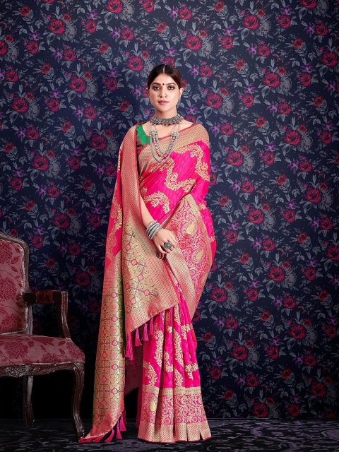 

elora Ethnic Motifs Zari Silk Blend Leheriya Saree, Pink