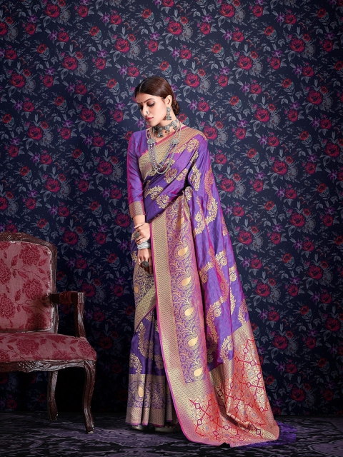

elora Floral Zari Silk Blend Leheriya Saree, Purple