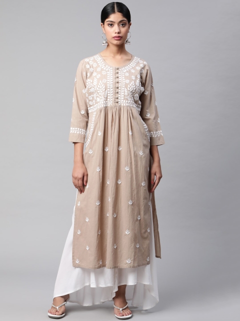 

HOUSE OF KARI Women Cotton Floral Embroidered Thread Work Kurta, Beige