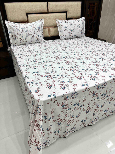 

Pure Decor Floral Printed 500TC Superfine Pure Cotton King Bedsheet with 2 Pillow Covers, White
