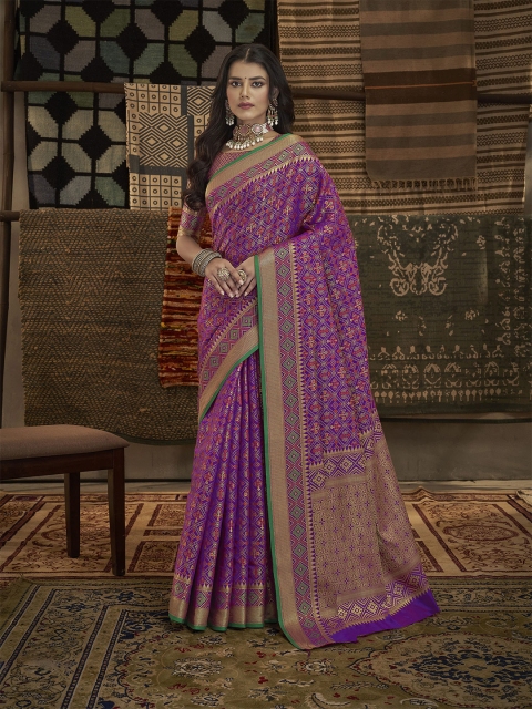 

elora Woven Design Zari Silk Blend Patola Saree, Purple