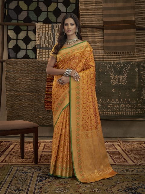 

elora Woven Design Zari Silk Blend Patola Saree, Mustard