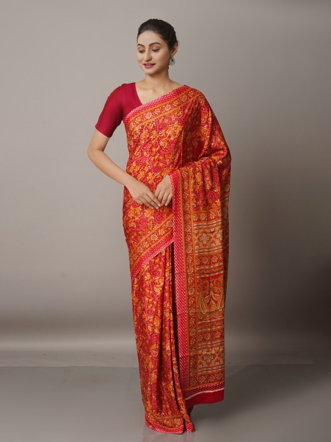 

Unnati Silks Ethnic Motifs Silk Blend Block Print Saree, Red