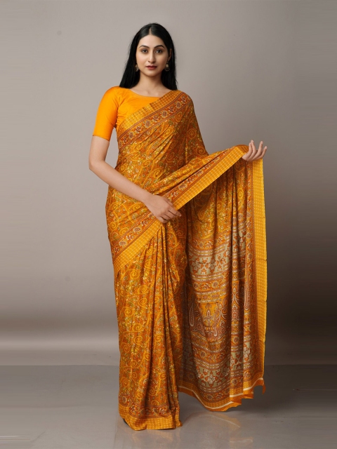 

Unnati Silks Ethnic Motifs Silk Blend Block Print Saree, Yellow