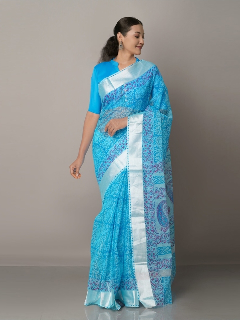 

Unnati Silks Floral Zari Pure Cotton Kota Saree, Blue