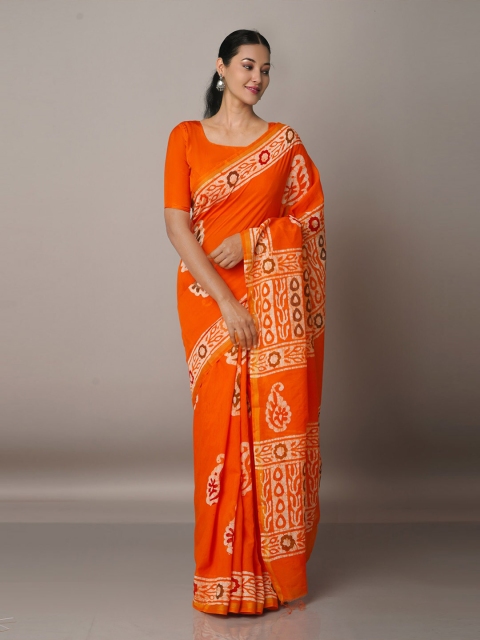 

Unnati Silks Batik Zari Silk Cotton Chanderi Saree, Orange