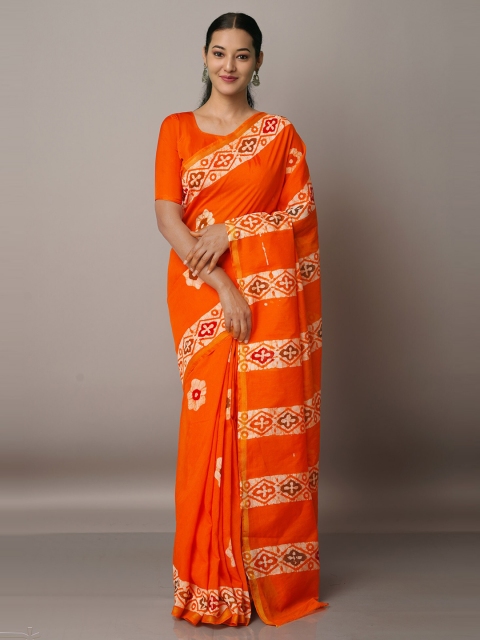 

Unnati Silks Batik Zari Silk Cotton Chanderi Saree, Orange