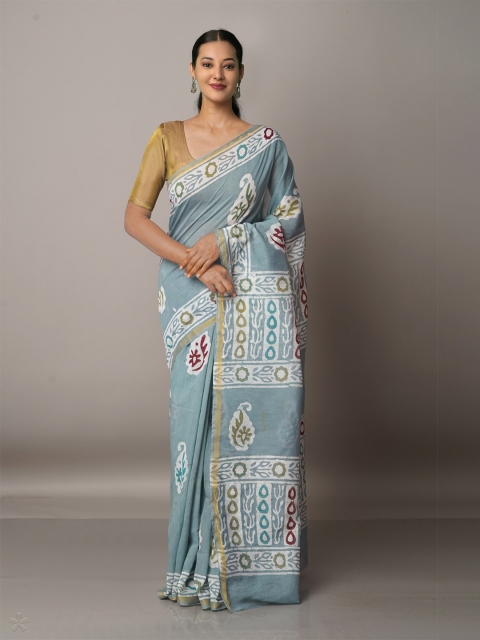 

Unnati Silks Batik Zari Silk Cotton Chanderi Saree, Grey
