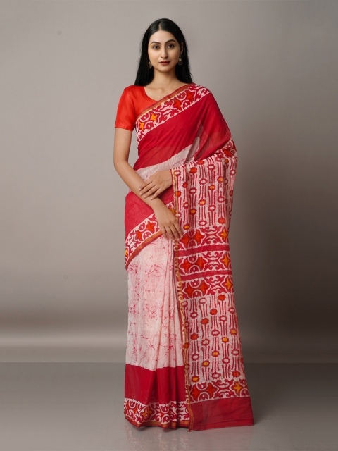 

Unnati Silks Batik Zari Silk Cotton Chanderi Saree, Red