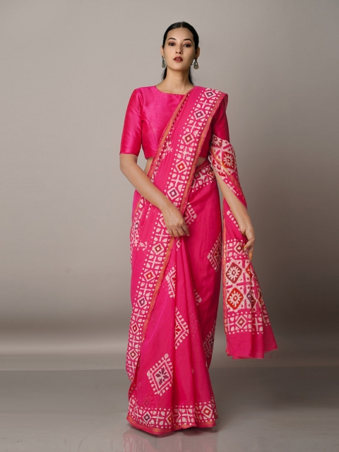 

Unnati Silks Batik Zari Silk Cotton Chanderi Saree, Pink
