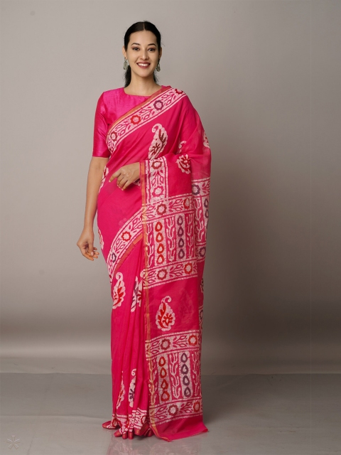 

Unnati Silks Batik Zari Silk Cotton Chanderi Saree, Pink