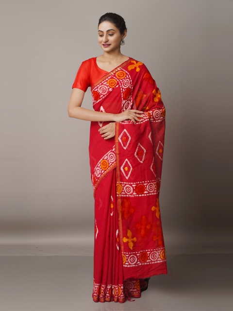 

Unnati Silks Batik Zari Silk Cotton Chanderi Saree, Red