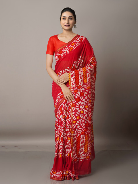 

Unnati Silks Batik Zari Silk Cotton Chanderi Saree, Red