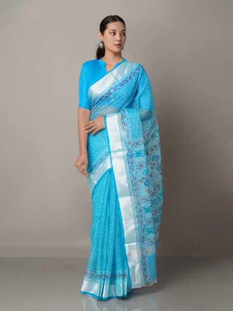 

Unnati Silks Ethnic Motifs Zari Pure Cotton Kota Saree, Blue