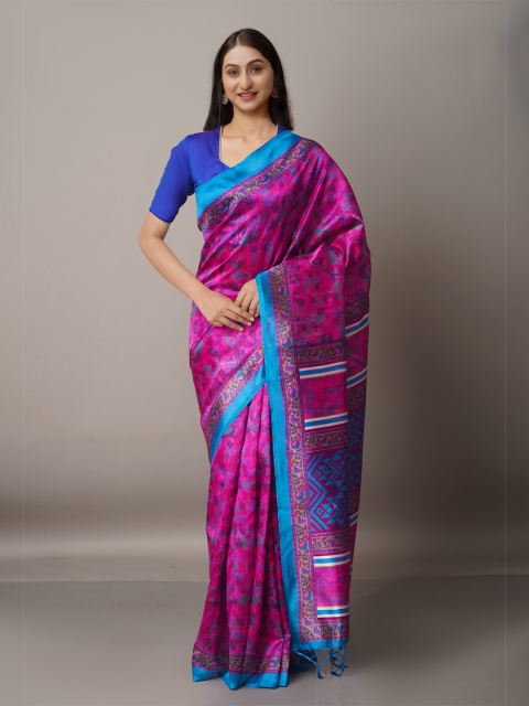 

Unnati Silks Ethnic Motifs Art Silk Block Print Saree, Pink