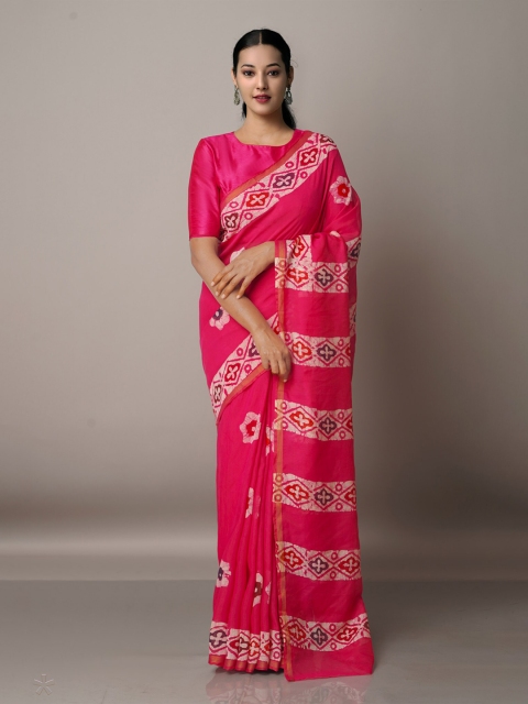 

Unnati Silks Batik Zari Silk Cotton Chanderi Saree, Pink