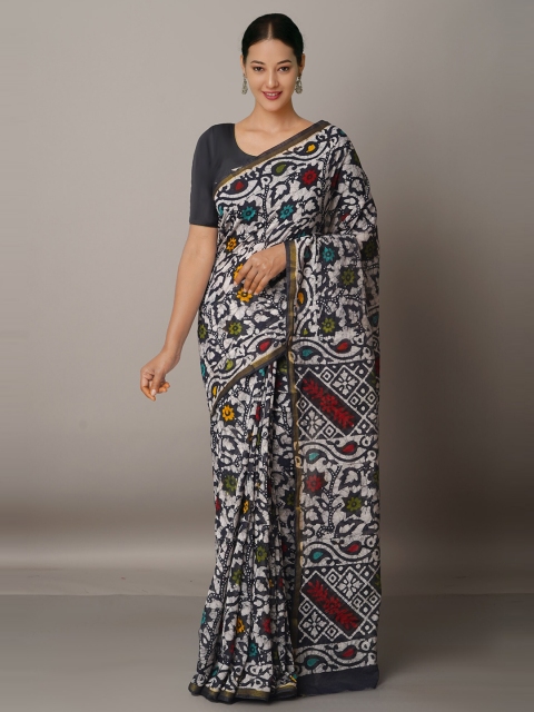 

Unnati Silks Batik Zari Silk Cotton Chanderi Saree, Black