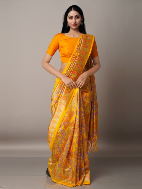

Unnati Silks Ethnic Motifs Art Silk Block Print Saree, Yellow