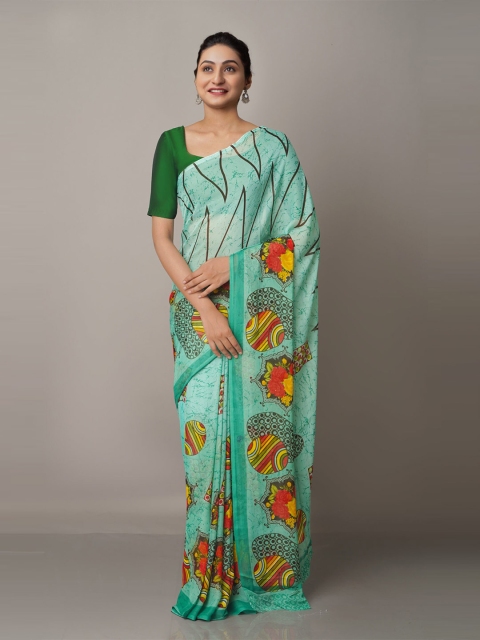 

Unnati Silks Ethnic Motifs Block Print Saree, Green