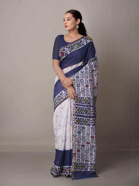 

Unnati Silks Batik Silk Cotton Chanderi Saree, Navy blue