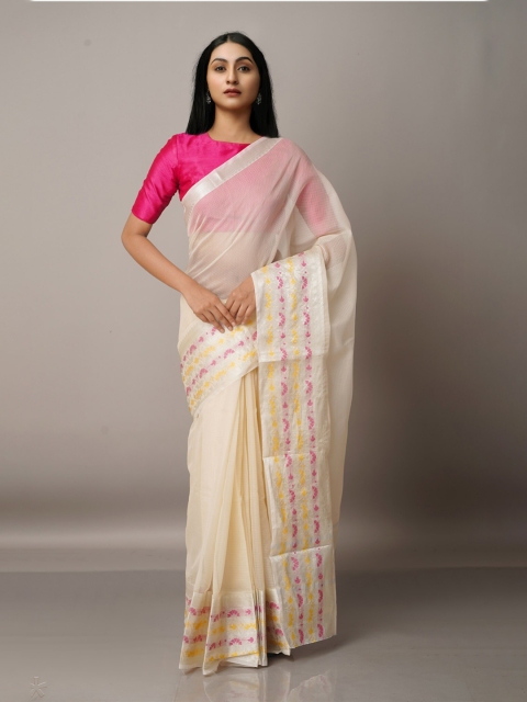 

Unnati Silks Ethnic Motifs Zari Silk Blend Kota Saree, Cream