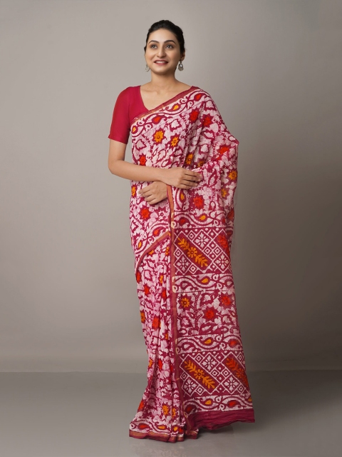 

Unnati Silks Batik Zari Silk Cotton Chanderi Saree, Maroon
